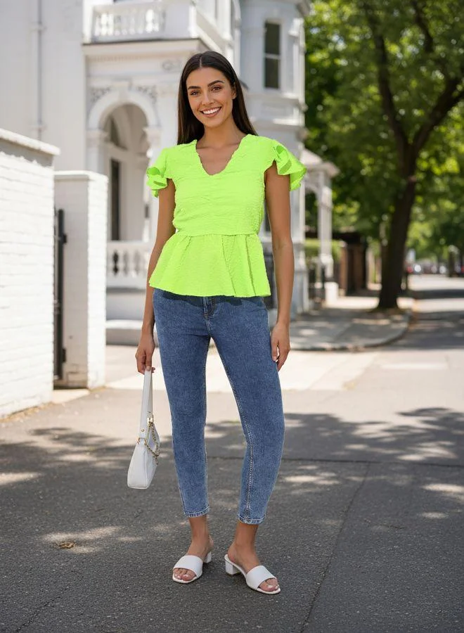 Women Fit and Flared Textured V neck Half Sleeves Peplum Top